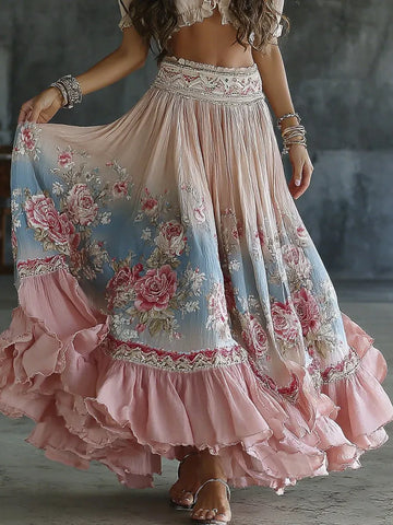 Women's Vintage Spring Floral Embroidered Art Print Flowy Linen Blend Casual Skirt