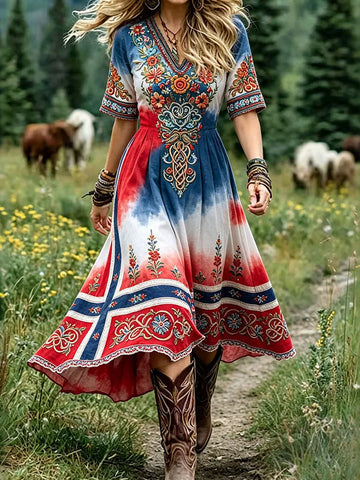 Retro Oil Painting Style Floral Pattern Design Women's V-neck Short Sleeve Linen Dress