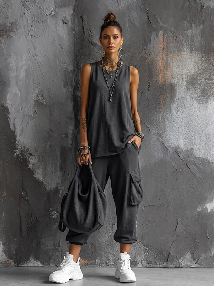 Women's Casual Style Dark Gray Cotton Blend Sleeveless Top + Jogger Cargo Pants Set MDZ2365D7GMJ