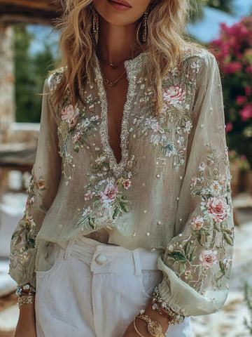 Women's Floral Embroidery Linen V-neck T-shirt