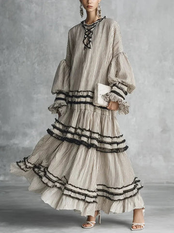 Women's Casual Stylish Vacation Art Striped Ruffled Cotton Maxi Dress