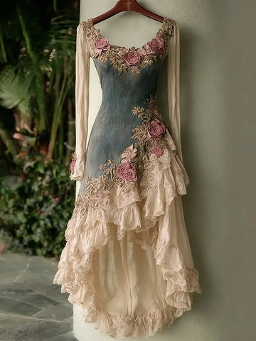 Women's Spring Elegant Flowers Irregular Ruffle Midi Dress
