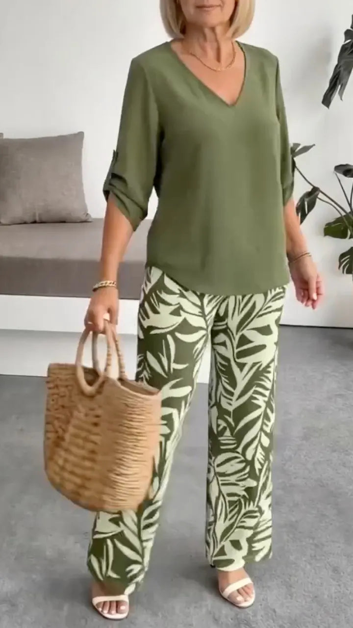 V Neck Top & Tropical Leaf Print Wide Leg Pant Two Piece