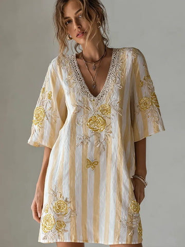 Butterfly Flower Embroidery Patchwork Striped Design Women's Summer Linen Dress