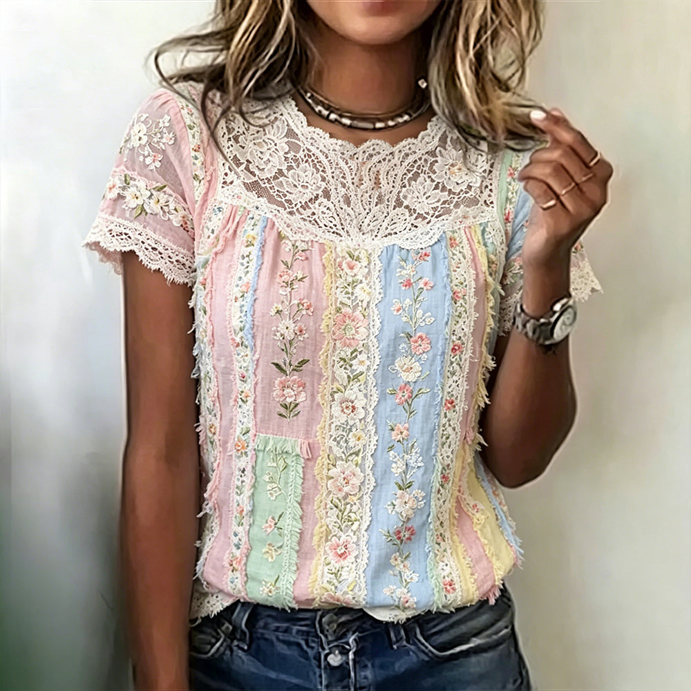 Vintage-inspired Small Floral And Lace Embroidery Patchwork Art Comfortable Linen Blend Crew Neck Short Sleeve Top
