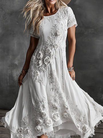 Women's Vintage Rose Floral Art Linen Blend V Neck Maxi Dress