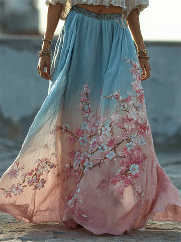 Japanese Cherry Blossom Gradient Flowy Wide Skirt