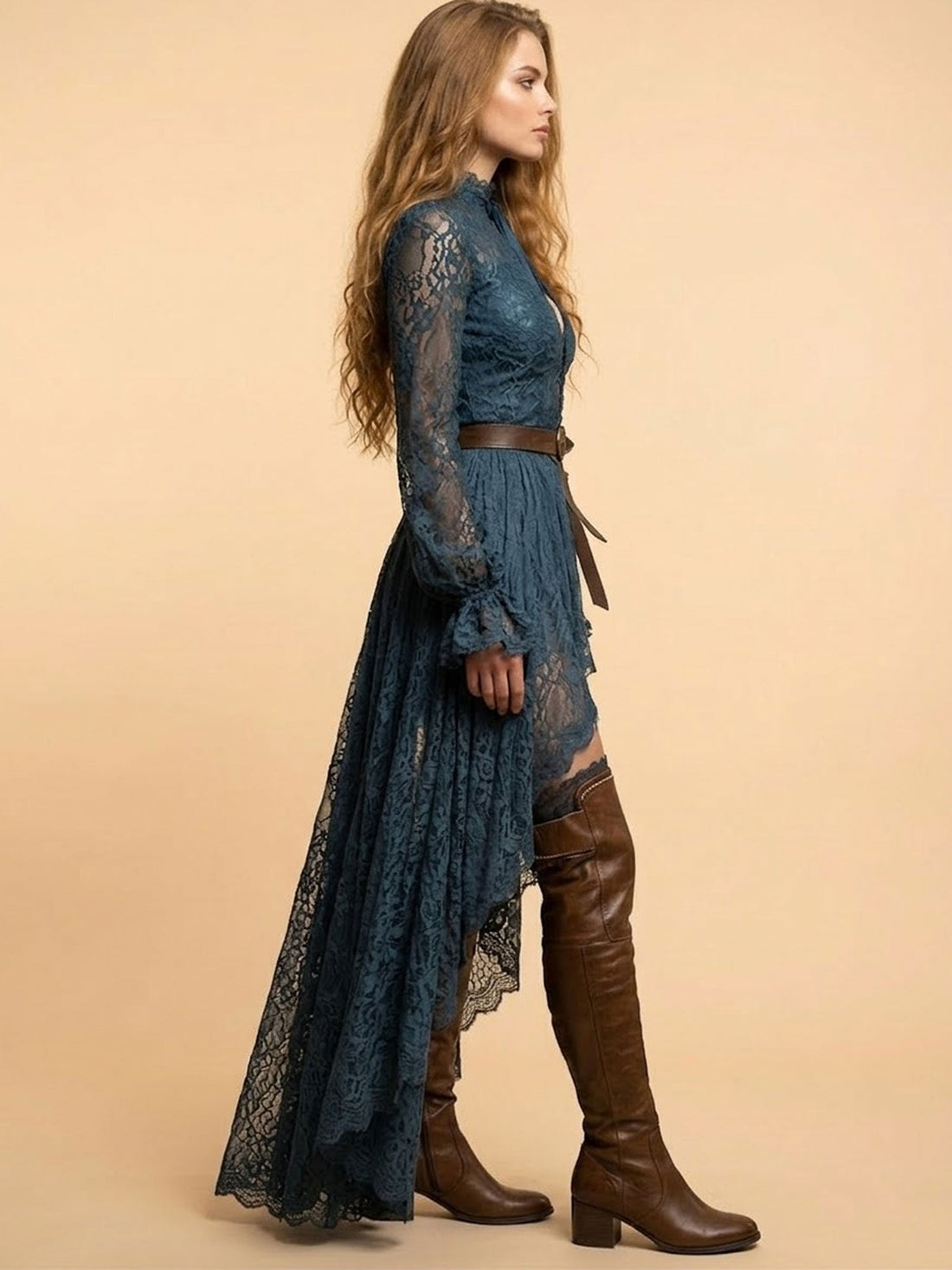 Women's Vintage Western Teal Lace High Low Dress Long Bell Sleeve High Neck Gothic Boho Maxi Dress