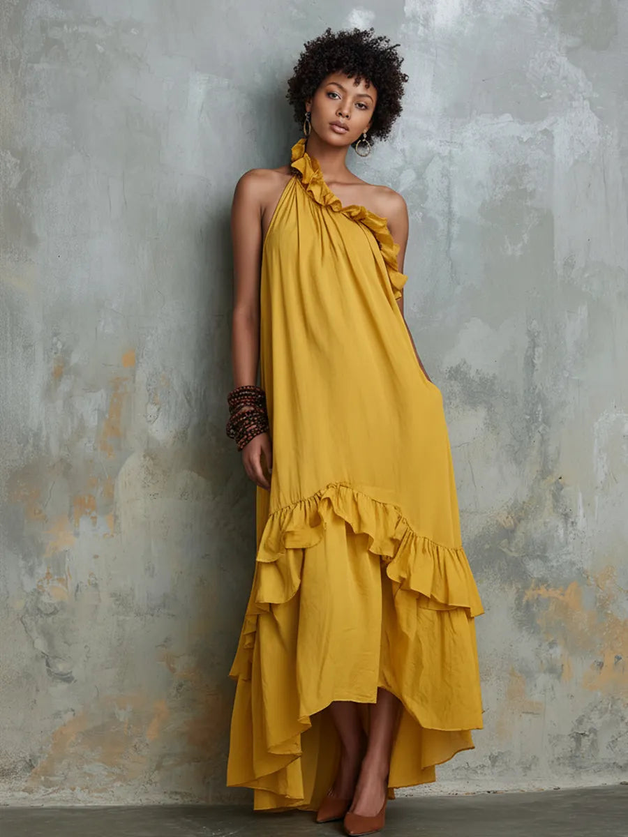 Women’s Resort Style Ginger Yellow Cotton Linen One-Shoulder Ruffled Irregular Long Dress MDZ2291D1GMJ