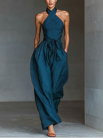 Women's Navy Blue Linen Fabric Cross Halter Wide-Leg Jumpsuit With Tie Waist & Side Pockets MDZ0455B5T