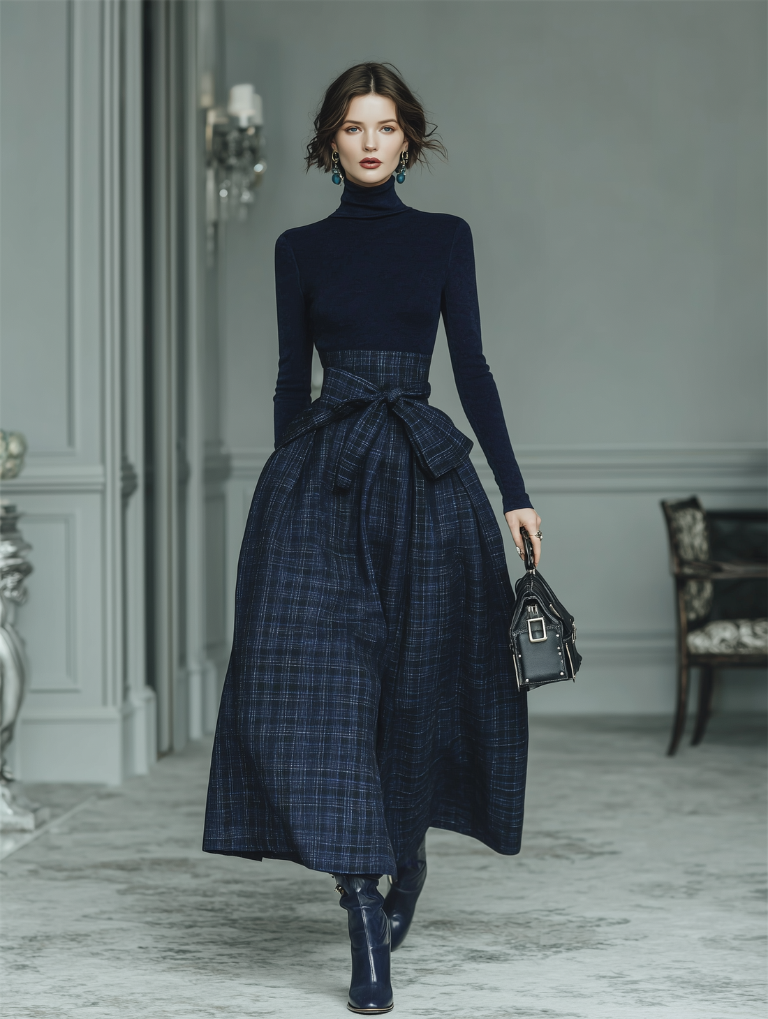 Women’s Navy Plaid High-Waisted Belted Pleated A-Line Midi Skirt MDA2668K7T
