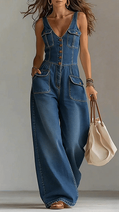 Women's Washed Denim Loose-Fit Sleeveless Jumpsuit with Straps 5e3e