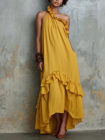 Women’s Resort Style Ginger Yellow Cotton Linen One-Shoulder Ruffled Irregular Long Dress MDZ2291D1GMJ