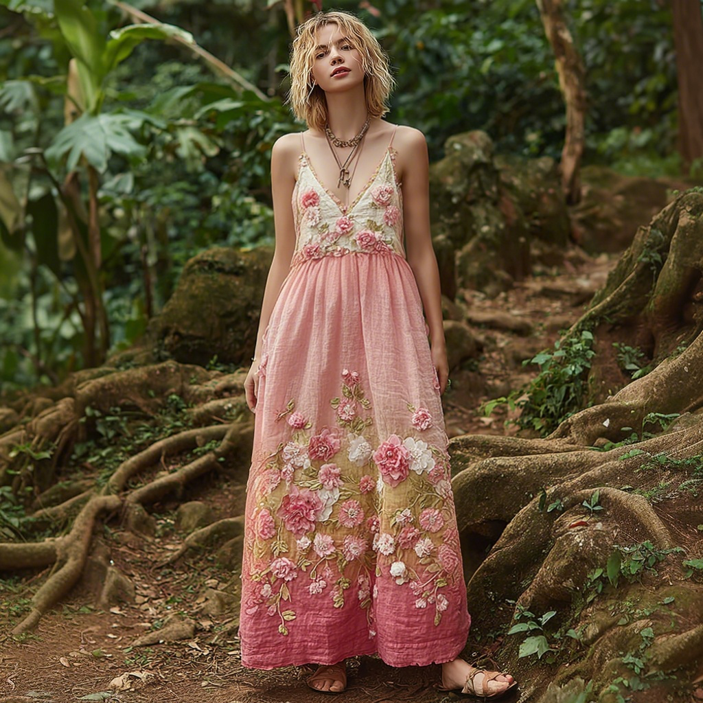 Pink Flowers Embroidered Vintage Linen Suspender Long Skirt