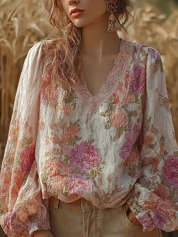 Bohemian Retro Countryside Style Plant Flower Design Cotton And Linen Women's Long-sleeve Shirt1