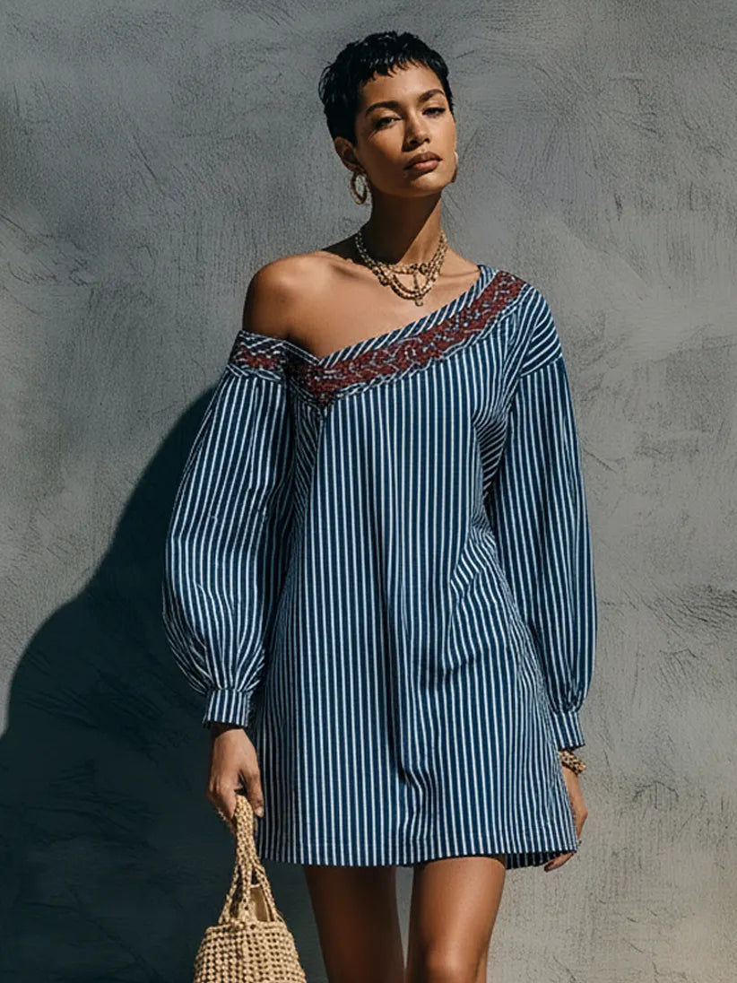 Women's Minimalist Striped One-Shoulder Long-Sleeve Embroidered Mini Dress MDZ1165F9WY