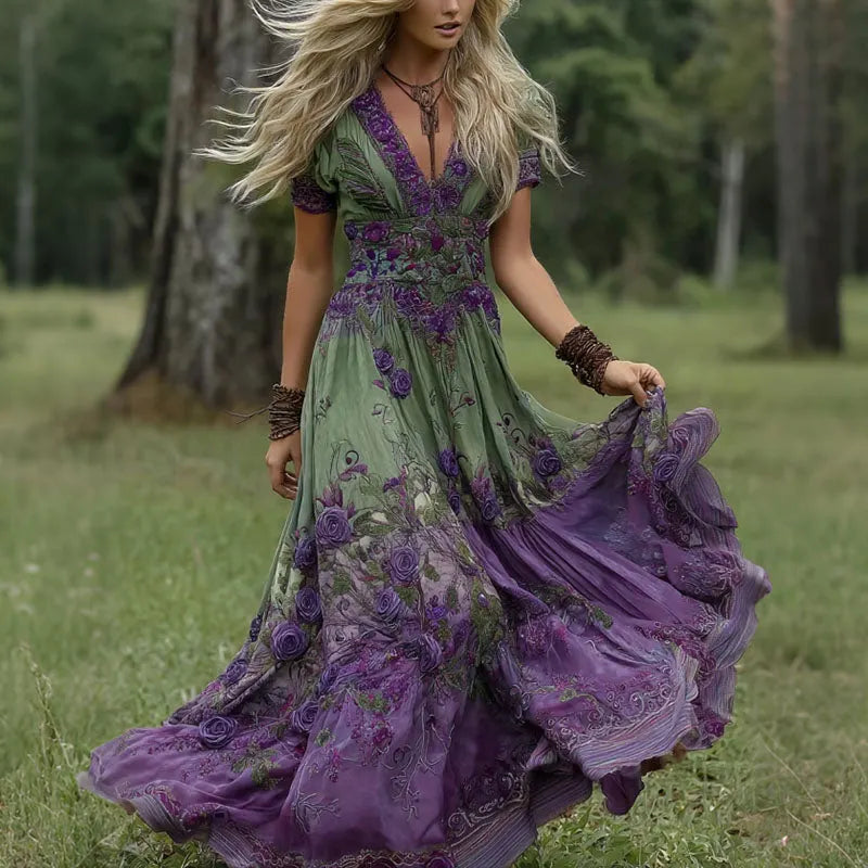 Women's Vintage Floral Art Embroidery V Neck Maxi Dress