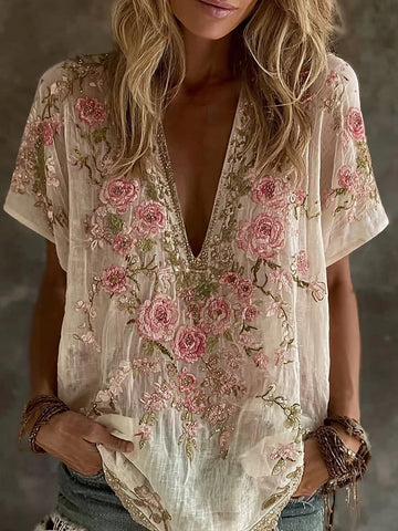 Women's Rose Floral Embroidery Printing Cotton V  Neck T-shirt