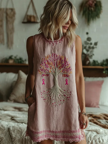 Women's Tree Of Life Pink Ribbon Embroidery Round Neck Tank Mini Dress