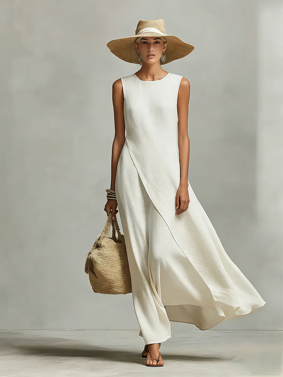 Women's Ivory Breathable Linen Dress With Sleeveless Detail & Asymmetric Hem, Contemporary Casual-Feminine Style Dress MDZ0408C2I