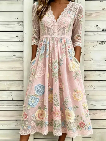 Vintage Small Floral Lace Embroidery Art Comfortable Cotton Linen Casual Long Sleeve Dress
