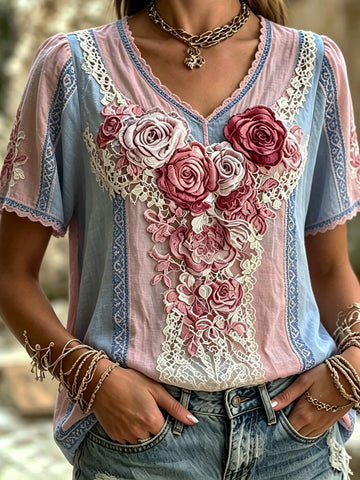 Women's Retro Bohemian Floral Print Cotton Linen Comfortable T-shirt