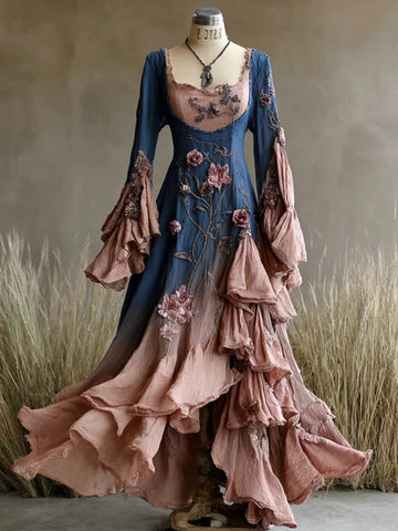 Women's Spring Elegant Flowers Irregular Ruffle Maxi Dress