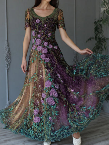 Women's Retro Exquisite Sparkling Floral Embroidered Casual Cotton Linen Dress