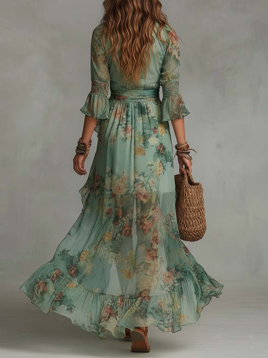 Grass Green Chiffon Irregular Ruffled Slit Maxi Dress