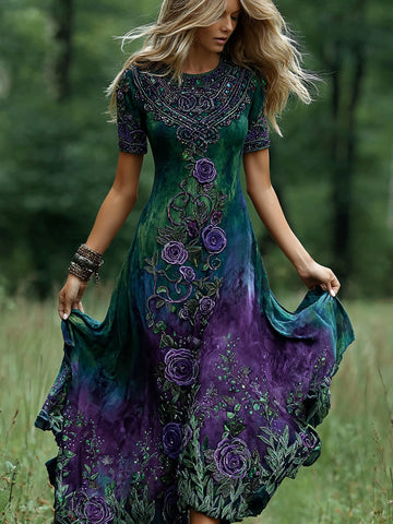 Women's Vintage Romantic Celtic Knot With Floral Art Linen Blend  V Neck Maxi Dress