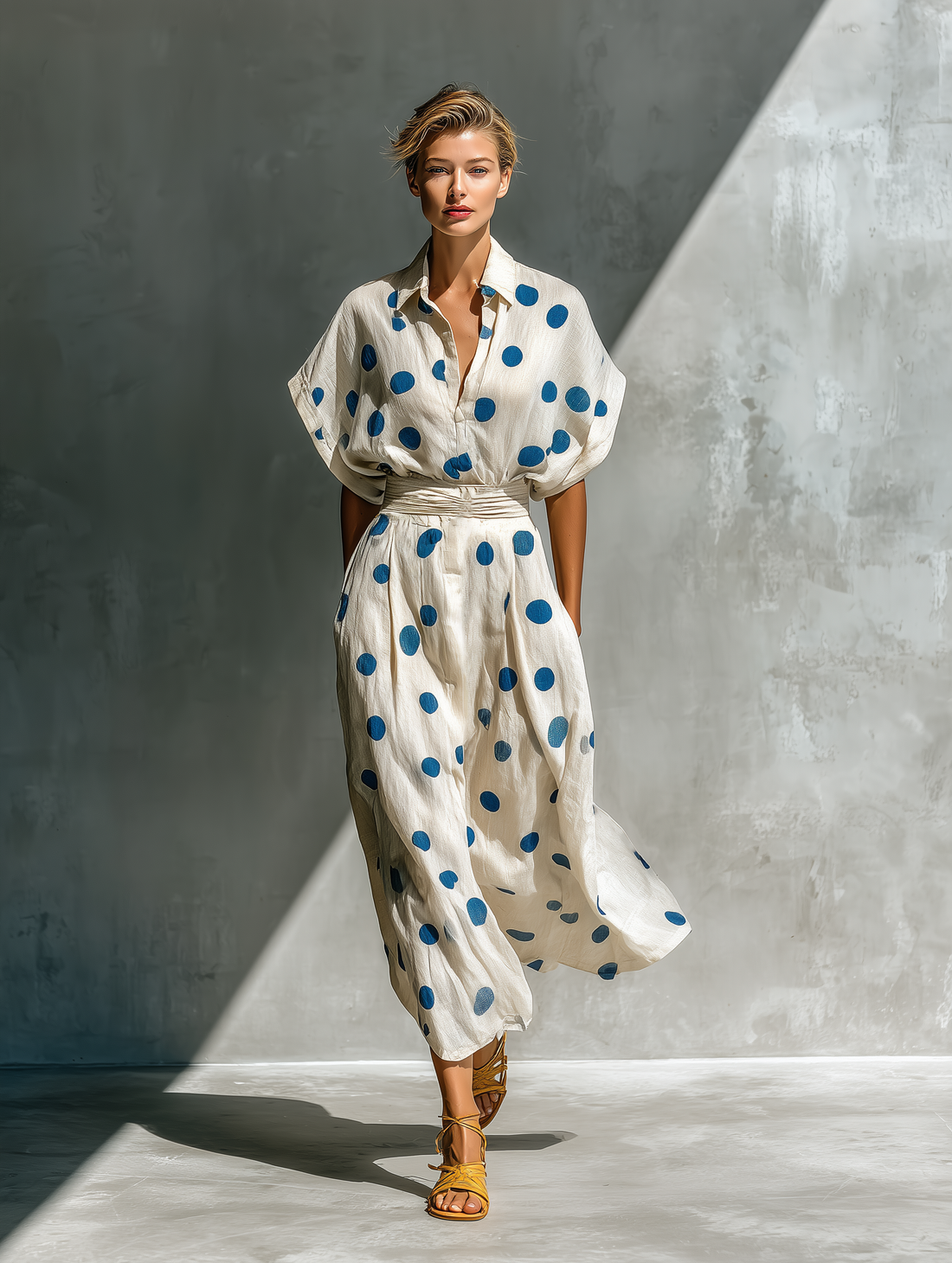 Women’s Off-White Linen-Blend Polka Dot Shirt Dress With Waist Cincher & Pockets MDZ2481D3T