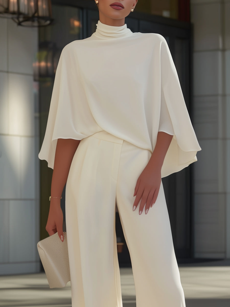 Cape-Sleeve High-Neck Blouse & Slit Wide-Leg Trousers Set