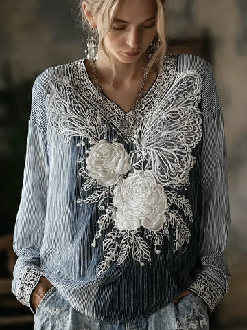 Butterfly Flower Embroidery Patchwork Striped Design Women's Summer Linen Top