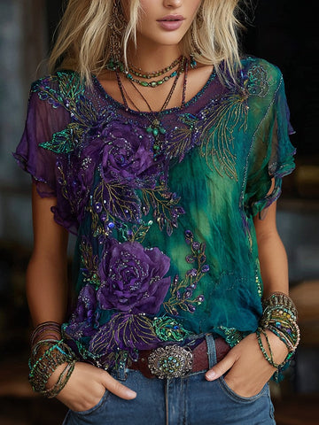 Women's Retro Floral Art Embroidery Casual Cotton Linen T-shirt