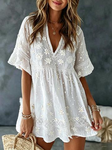 Women's Rose Art Embroidered Linen Blend Round Neck Mini Dress