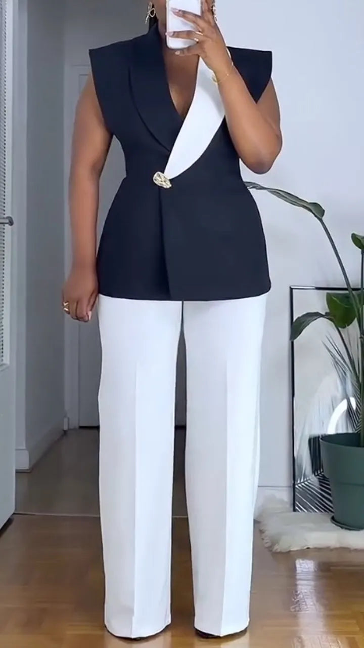 Color-Blocked Sleeveless Fitted Waist Top & Wide-Leg Pants Suit