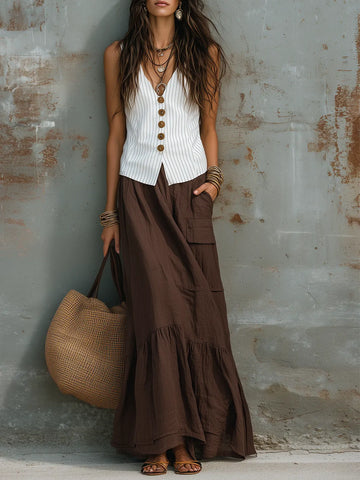 Vacation-Style White Cotton-Linen Sleeveless H-Line Maxi Dress