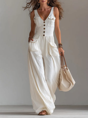 Casual Sleeveless Wide-leg Jumpsuit With Patch Pockets