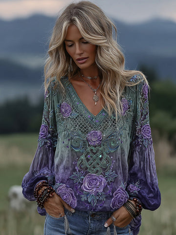 Women's Vintage Purple Rose Embroidered Pattern Art Long Sleeve T-shirt