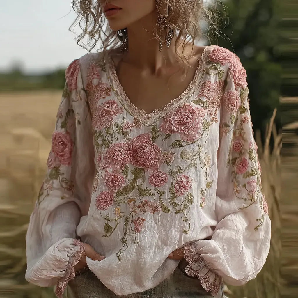 Bohemian Style Pink Floral Design V-neck Long-sleeve Top1