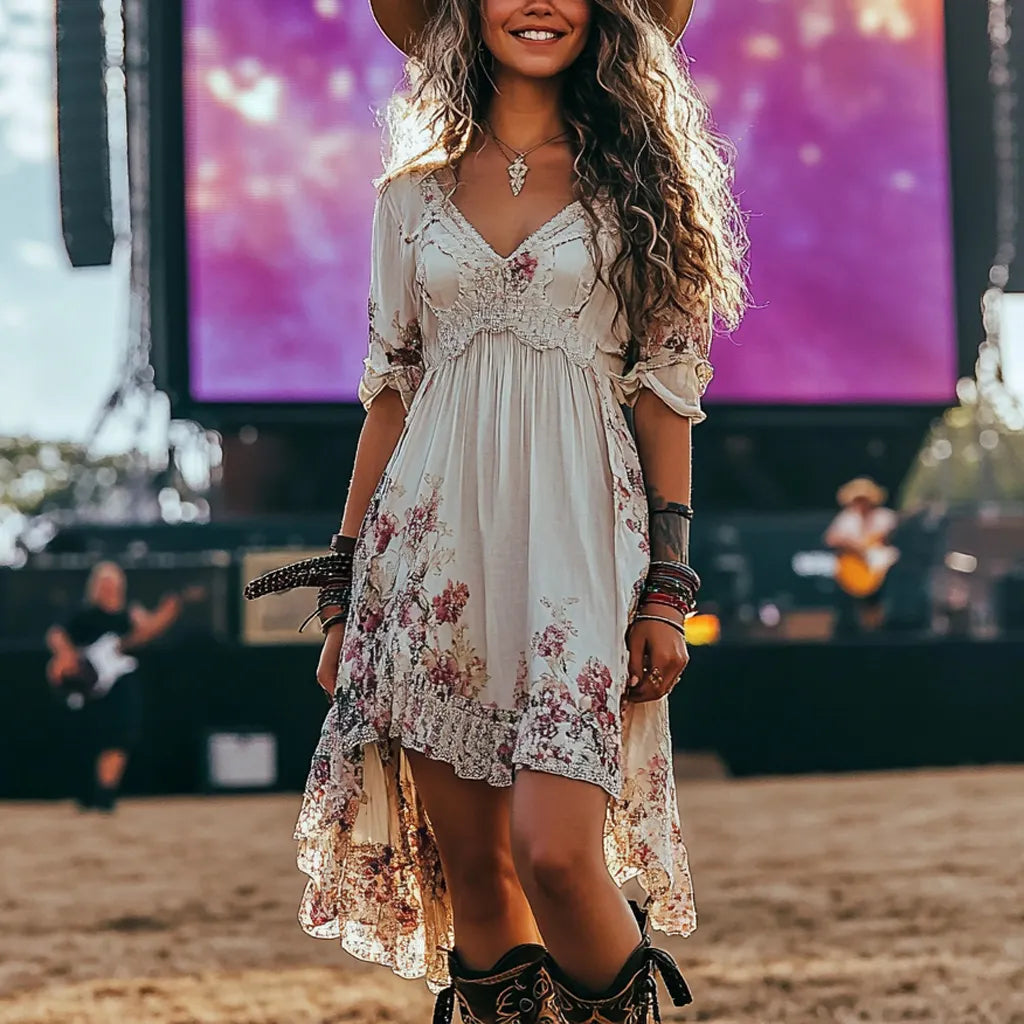 Lollapalooza Music Festival Rock Hip-hop Punk Party Carnival Print Vintage Cowgirl Dress