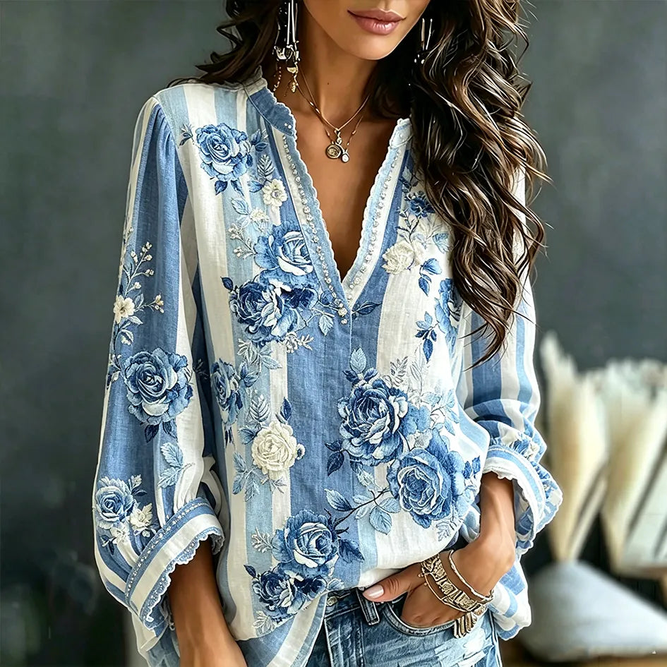 Women's Floral Pattern Embroidery Stripe Color Block Patchwork Design Casual Linen Top