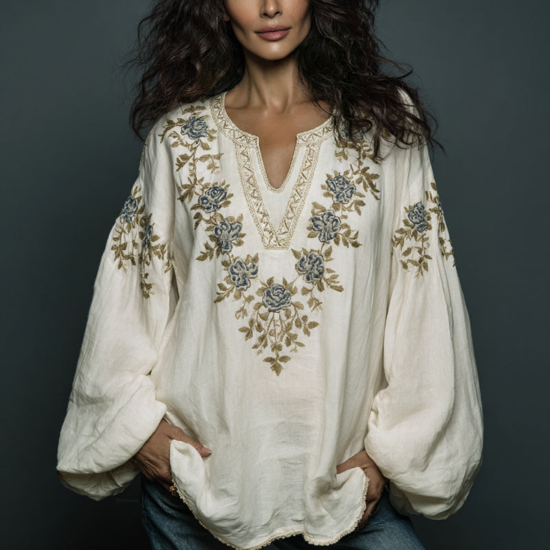 Women's Bohe Floral Embroidered Art Print Flowy Linen Blend Casual Tunic