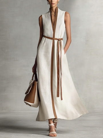 Women's Sleeveless V-Neck Tie-Waist Cotton Linen Maxi Dress MDZ1153B7BA