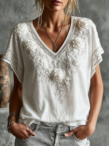 Women's Vintage Rose Floral Art Short Sleeve Casual T-shirt
