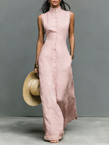 Women's Minimalist Linen-Blend Stand-Collar Single-Breasted Sleeveless Maxi Dress MDZ1049C1Y