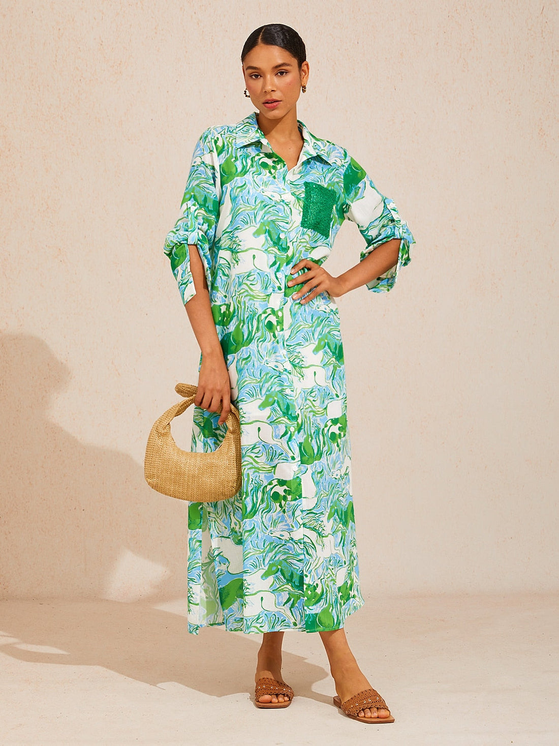 Graphic Art Mustang Linen Style Shirt Dress