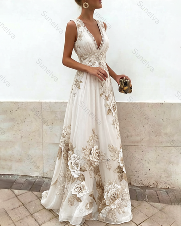 Women's Vacation Irregular Ruffle Flowers Embroidery Dress 5592