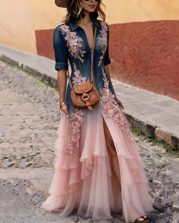 Women's Elegant Gradient Floral Embroidered Denim Shirt Dress 6031