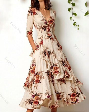 Women's Retro Elegant Floral Print Irregular Ruffle Patchwork Linen Dress 9327
